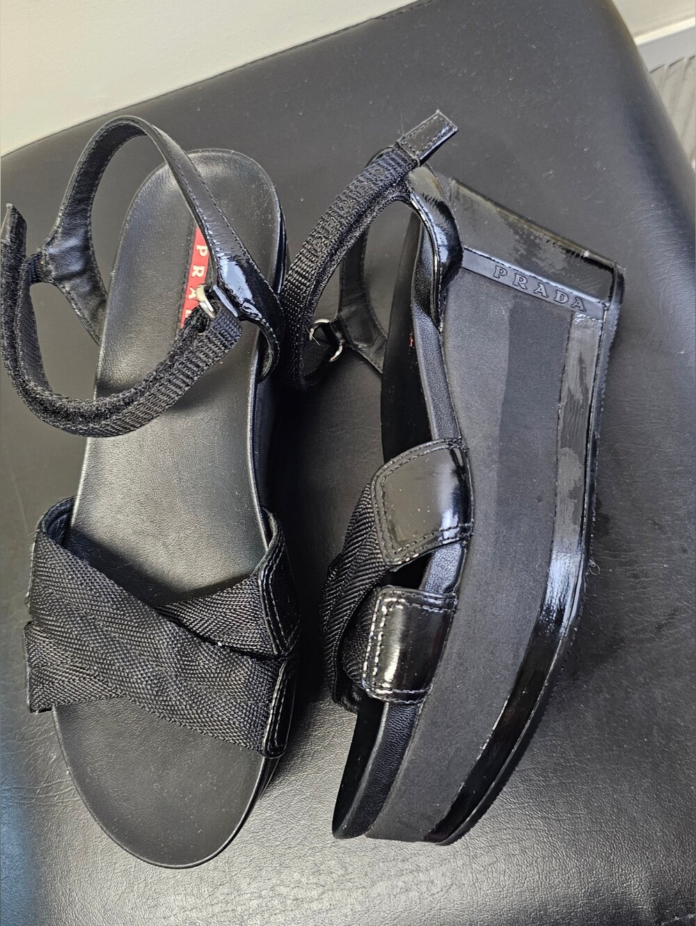 Vintage Prada Linea Rossa Black Wedge Platform Sandals Size 35.5
